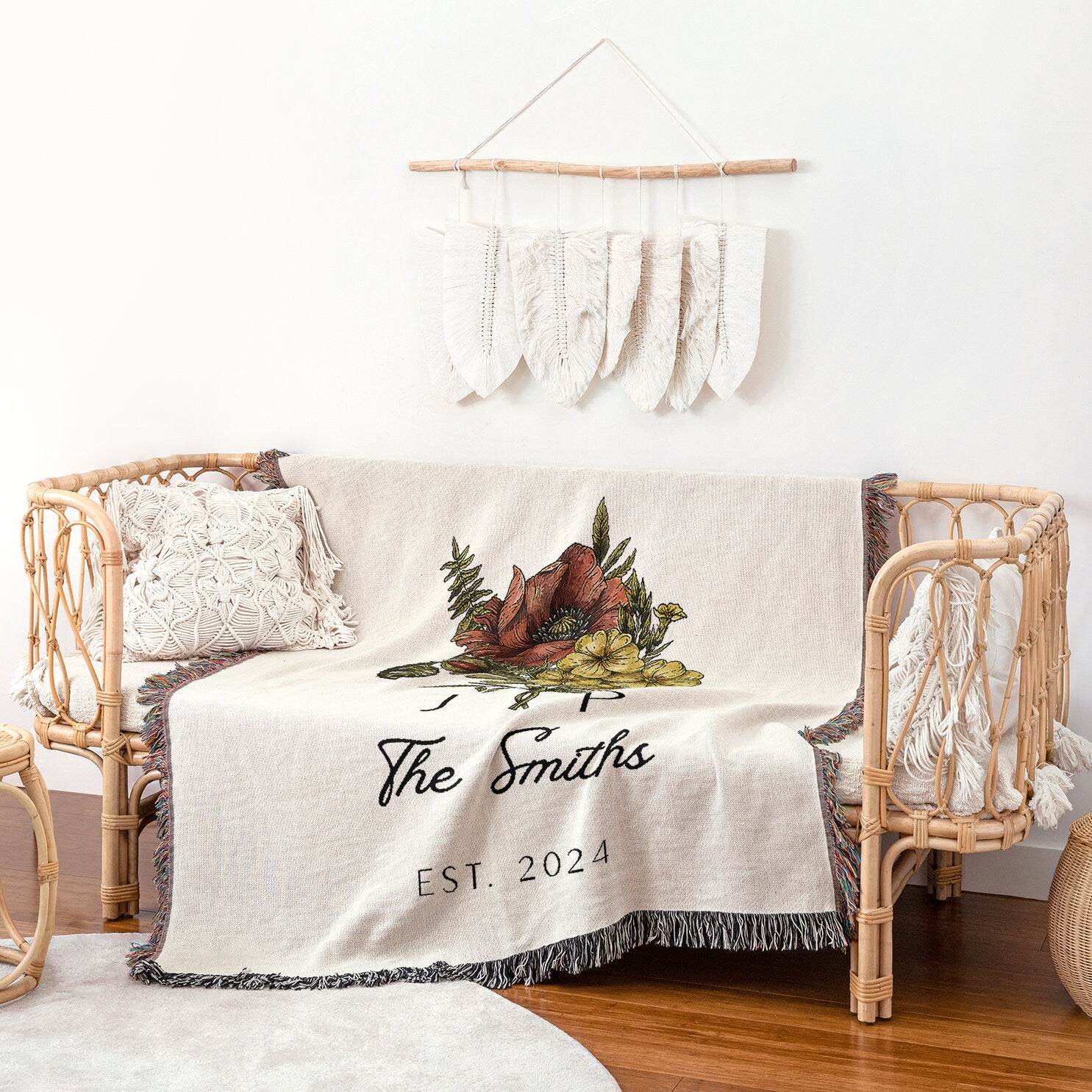 Couple Birth Flower Bouquet Custom Blanket, His and Hers Birth Flower Jacquard Tapestry, Cotton Anniversary Blanket, Last Name Blanket