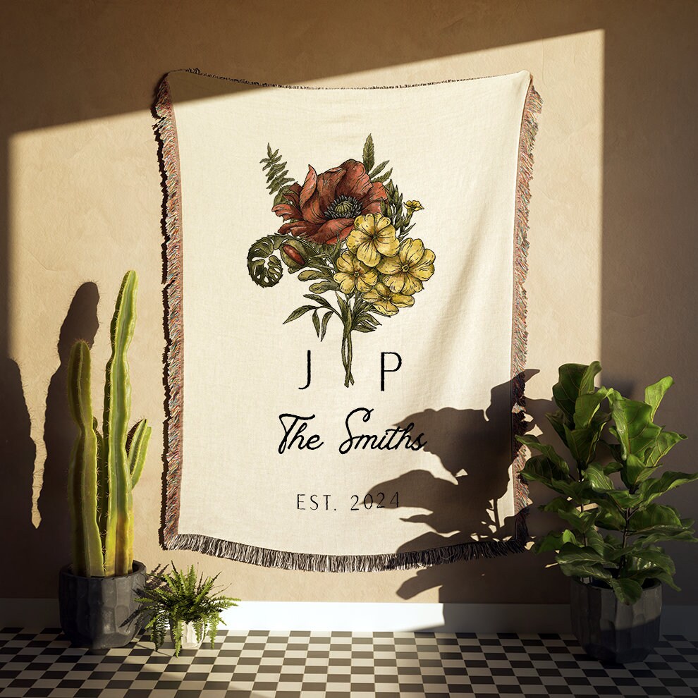 Couple Birth Flower Bouquet Custom Blanket, His and Hers Birth Flower Jacquard Tapestry, Cotton Anniversary Blanket, Last Name Blanket