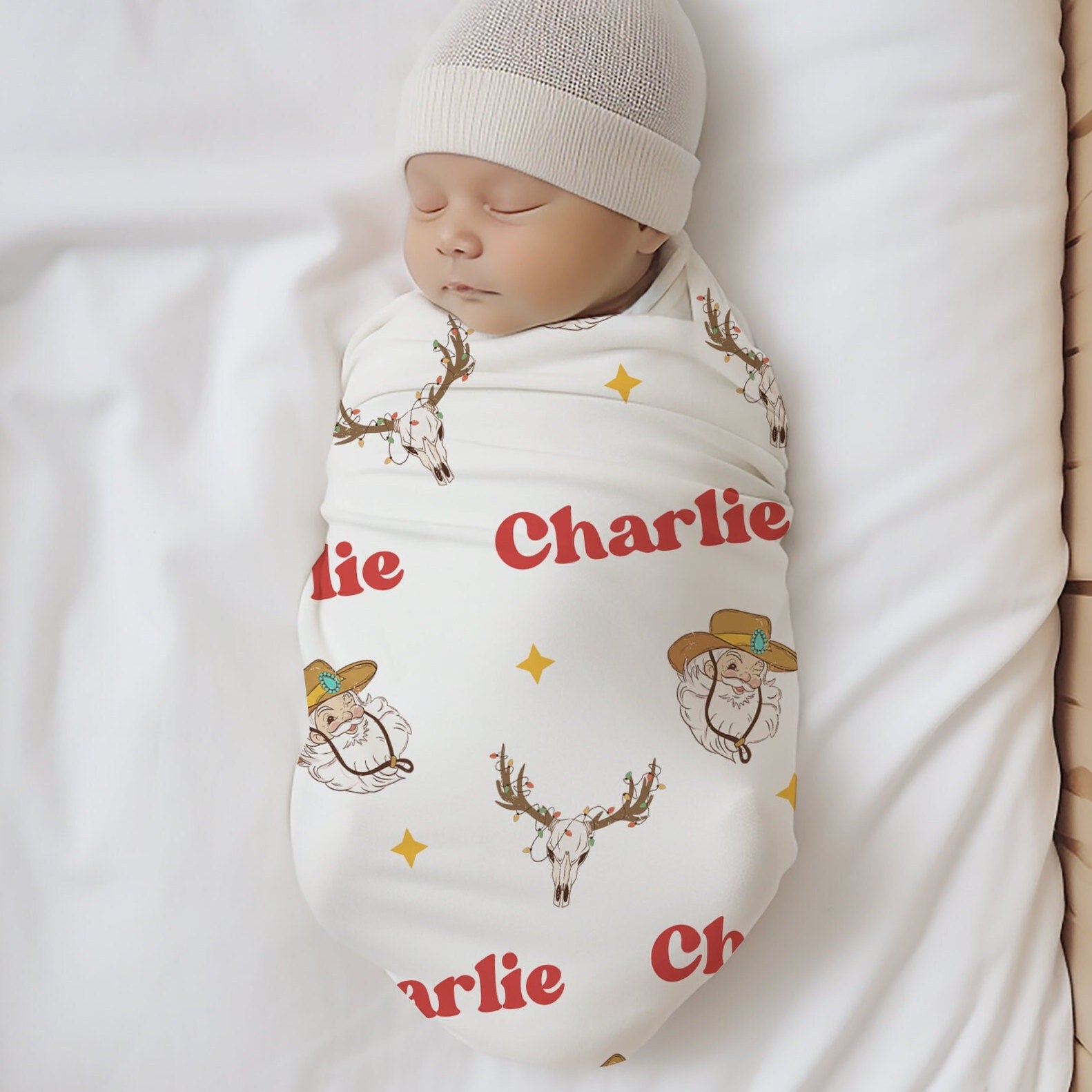 Cowboy Santa Swaddle Blanket with Name Western Christmas Swaddle