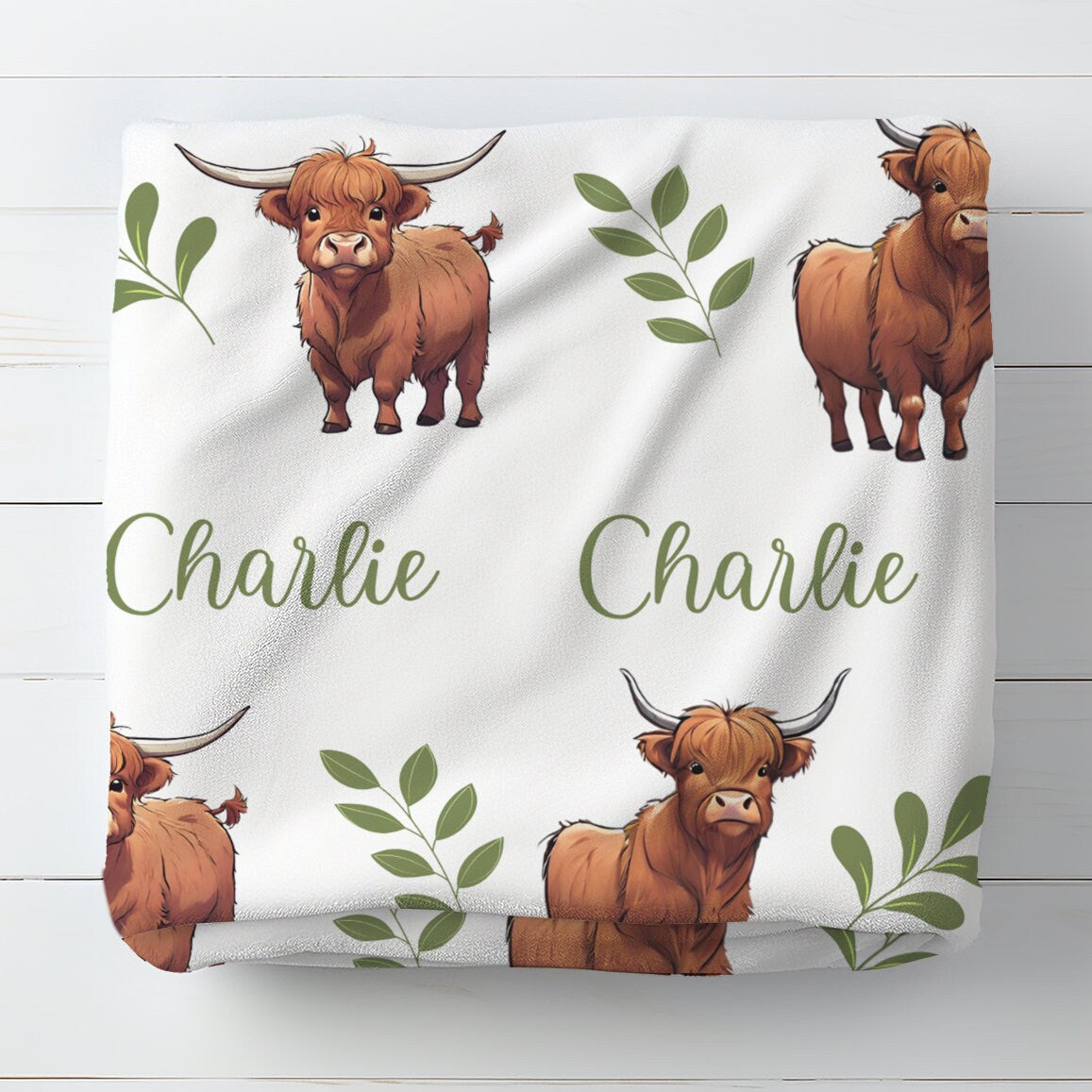 Highland Cow Swaddle with Name, Soft & Stretchy Swaddle Set, Baby Hospital Outfit, Country Farm Animal Bedding, Cozy Calf Highland Blanket