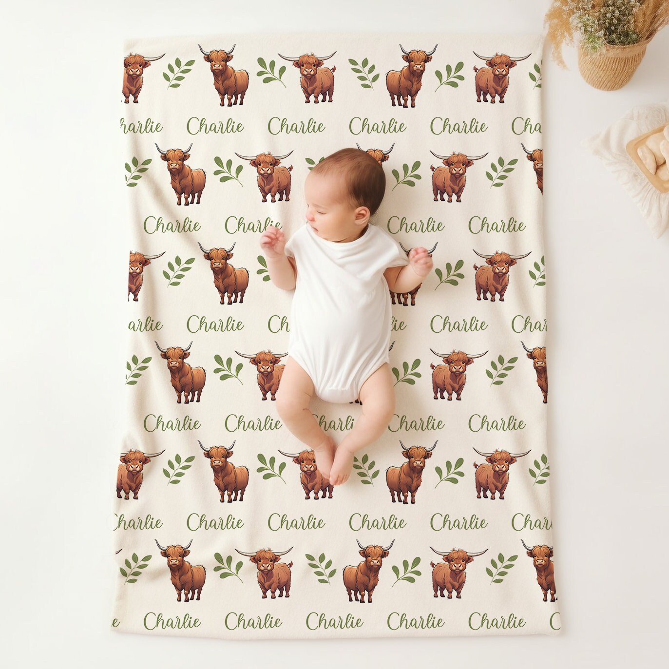 Highland Cow Swaddle with Name, Soft & Stretchy Swaddle Set, Baby Hospital Outfit, Country Farm Animal Bedding, Cozy Calf Highland Blanket