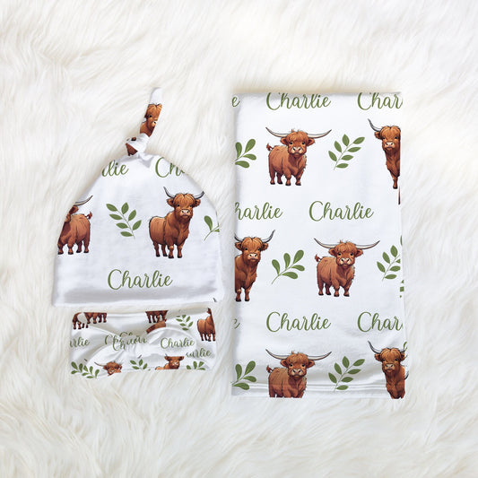 Highland Cow Swaddle with Name, Soft & Stretchy Swaddle Set, Baby Hospital Outfit, Country Farm Animal Bedding, Cozy Calf Highland Blanket