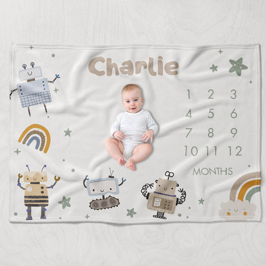 Robot Milestone Blanket Boy, Buttery Soft Baby Month Blanket, Personalized Baby Shower Gift, Mechanical Marvel Baby Boy Themed Nursery