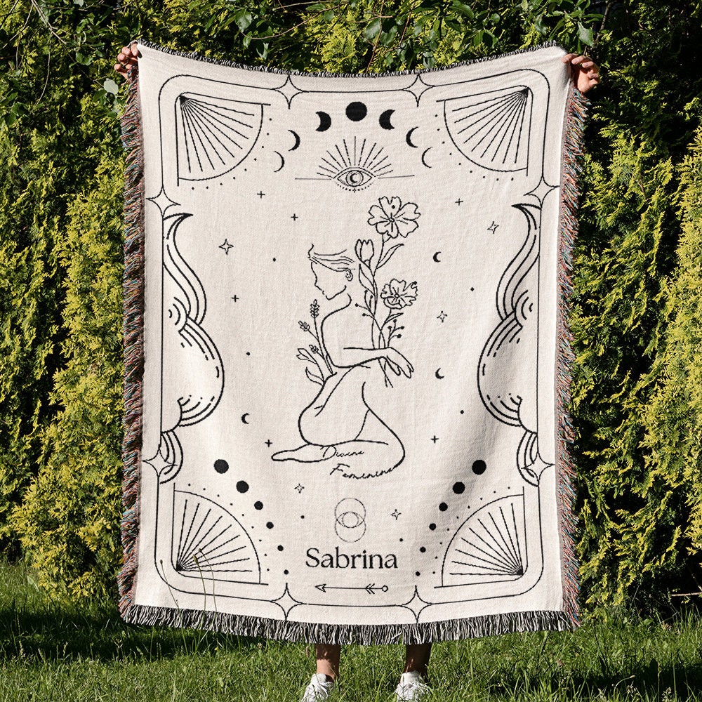 Divine Feminine Blanket with Name, Delicate Feminine Energy Woven Tapestry, Sacred Feminine Personalized Blanket, Celestial Women Power Gift