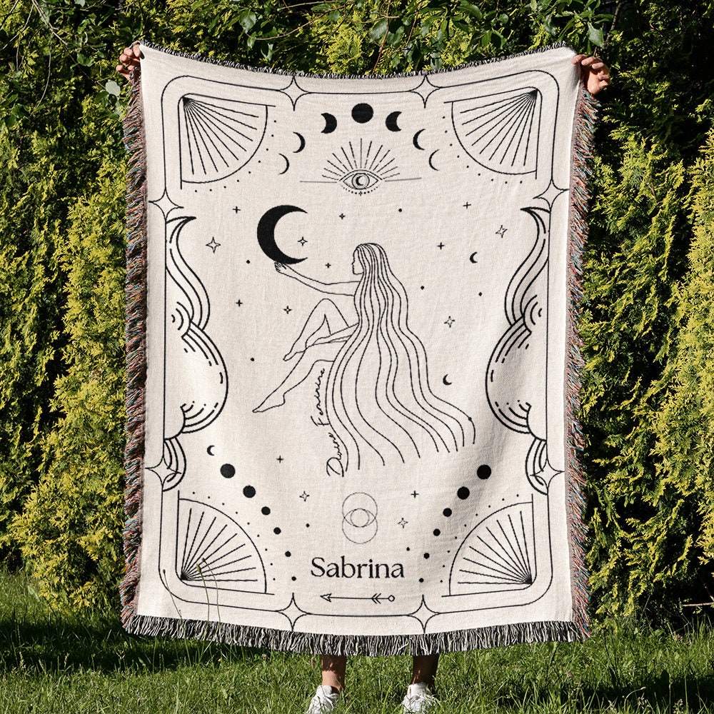 Divine Feminine Tapestry Blanket with Name, Black and White Moon Goddess Woven Throw, Sacred Feminine Cozy Gift, Celestial Goddess Blanket