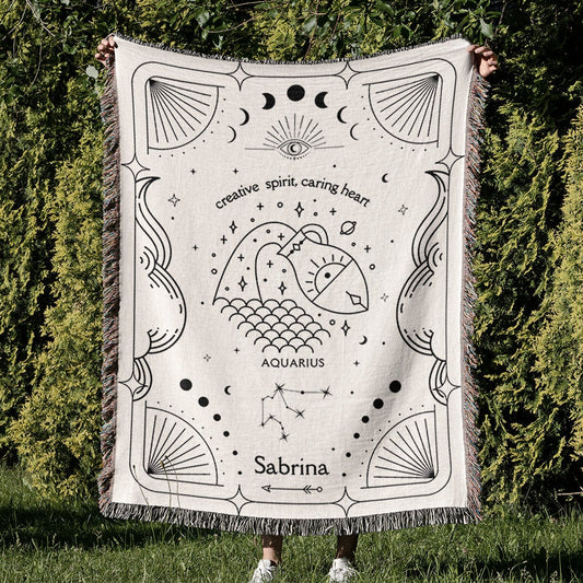 Aquarius Zodiac Tapestry Blanket with Name and Quote, Black & White Astrology Woven Throw, Personalized Aquarius Star Sign Constellation