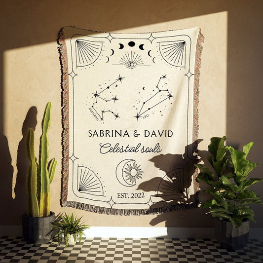 Personalized His & Hers Zodiac Constellations Blanket, Celestial Souls Cotton Tapestry, Astrology Engagement Gift, Cotton Anniversary Gift