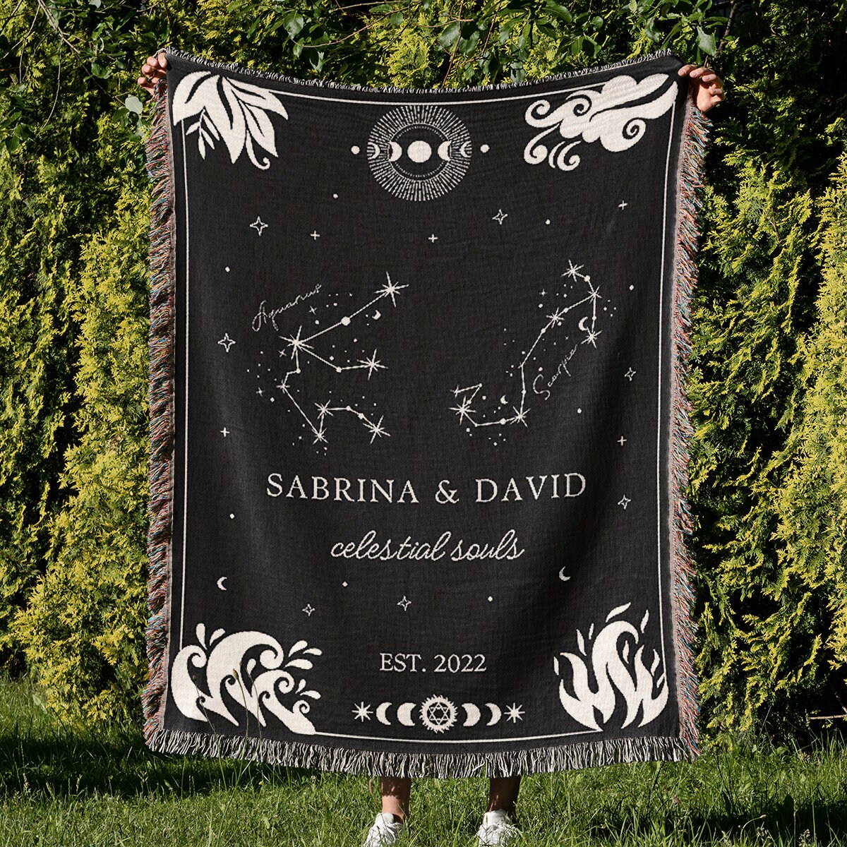 Astrology Engagement Gift, Celestial Souls Cotton Anniversary Gift, Zodiac Constellations Woven Throw Blanket, Personalized His & Hers Signs