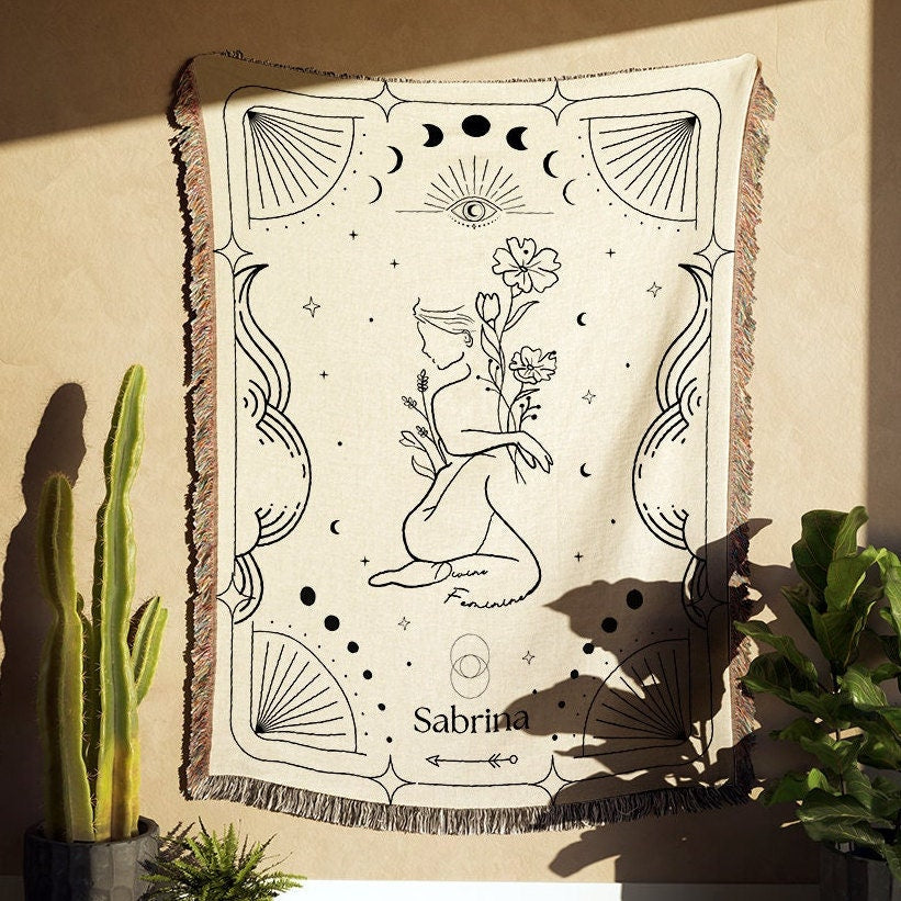 Divine Feminine Blanket with Name, Delicate Feminine Energy Woven Tapestry, Sacred Feminine Personalized Blanket, Celestial Women Power Gift