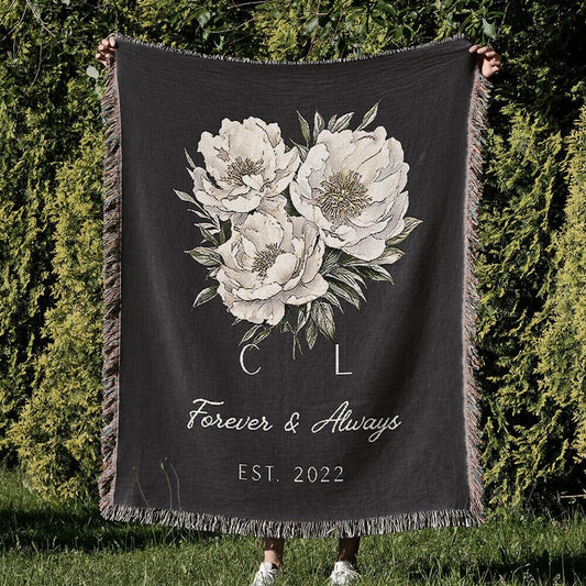 Cotton Anniversary Gift, Moody Dark Floral Tapestry Blanket, White Peonies Wedding Flower Bouquet Jacquard Throw, His & Hers Initial Blanket