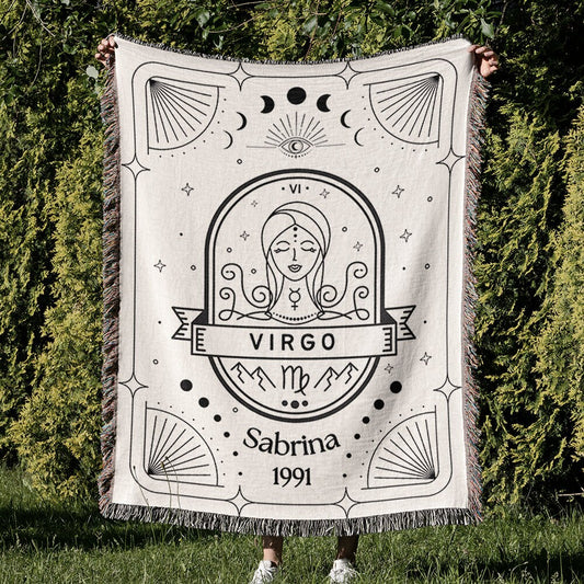 Virgo Zodiac Tapestry Blanket with Name, Black & White Astrology Woven Throw Blanket, Personalized Name and Birth Year, All Birth Signs