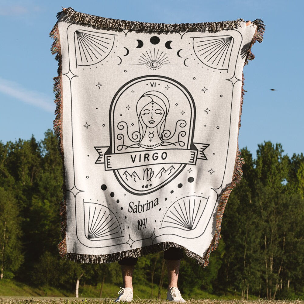 Virgo Zodiac Tapestry Blanket with Name, Black & White Astrology Woven Throw Blanket, Personalized Name and Birth Year, All Birth Signs