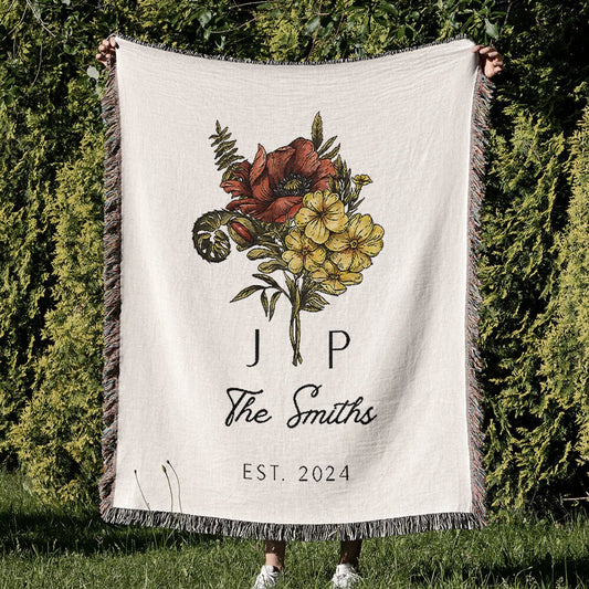 Couple Birth Flower Bouquet Custom Blanket, His and Hers Birth Flower Jacquard Tapestry, Cotton Anniversary Blanket, Last Name Blanket