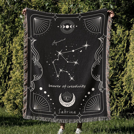 Aquarius Constellation Tapestry Blanket with Name and Quote, Black Minimalist Zodiac Woven Throw, Personalized Aquarius Astrology Cozy Gift