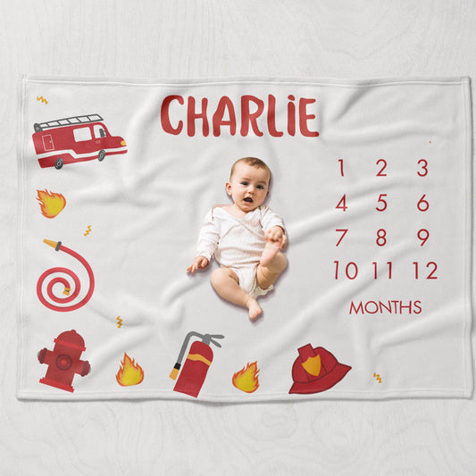 Fire Truck Milestone Blanket Boy, Fireman Baby Month Blanket, Personalized Baby Shower Gift, Future Firefighter Themed Nursery