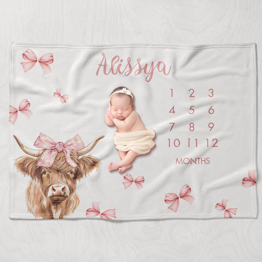 Highland Cow Milestone Blanket Girl, Coquette Baby Month Blanket, Baby Shower Gift, Cute Pink Ribbon Highland Cow Newborn Photography