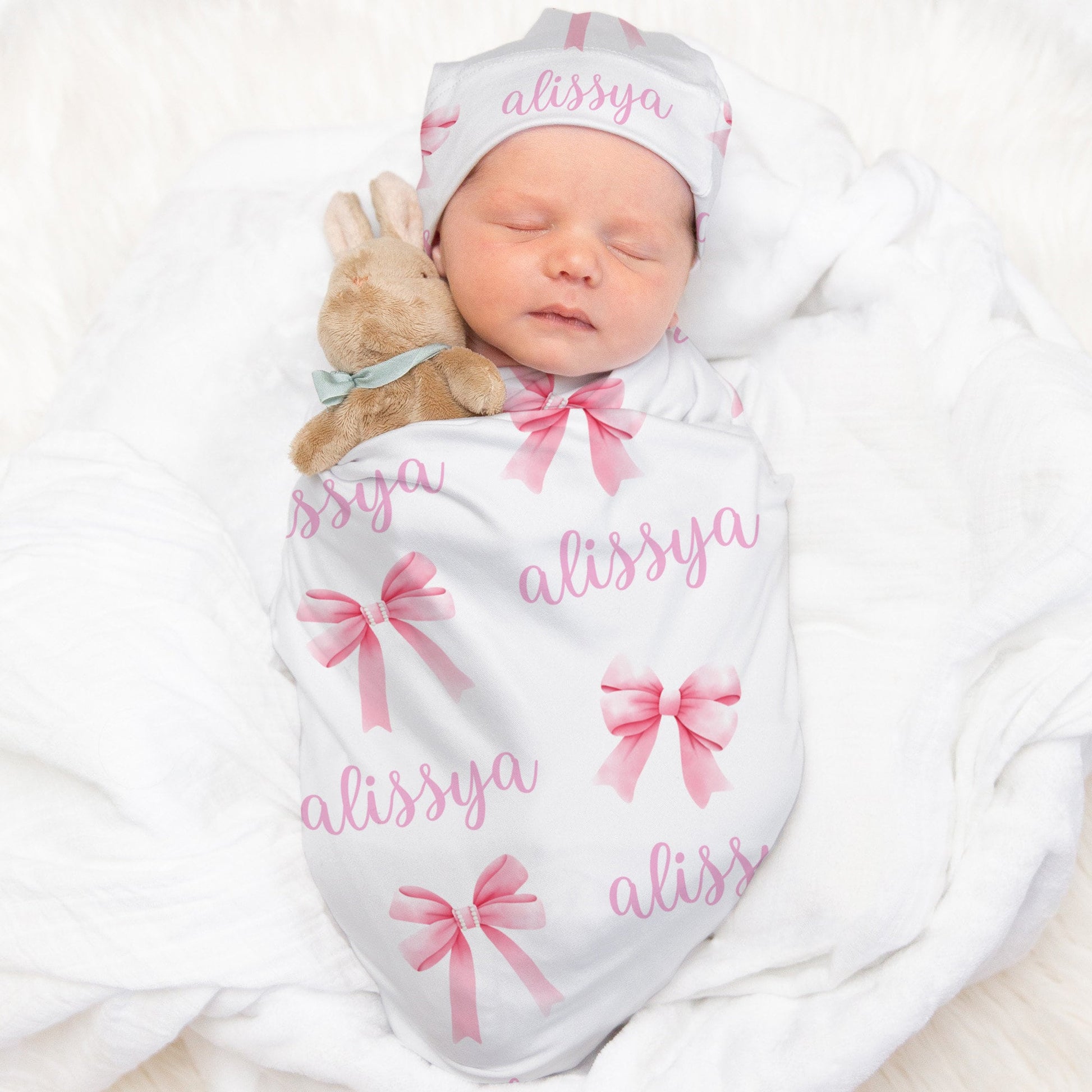 Coquette Swaddle Blanket with Name, Pink Bows Soft & Stretchy Swaddle Set, Baby Hospital Outfit Girl, Coquette Nursery Bedding Girl