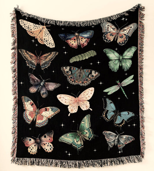 Butterfly Woven Throw Blanket, Dark Cottagecore Whimsical Decorative Tapestry Blanket, 100% Cotton Whimsigoth Butterfly Bedroom Decor