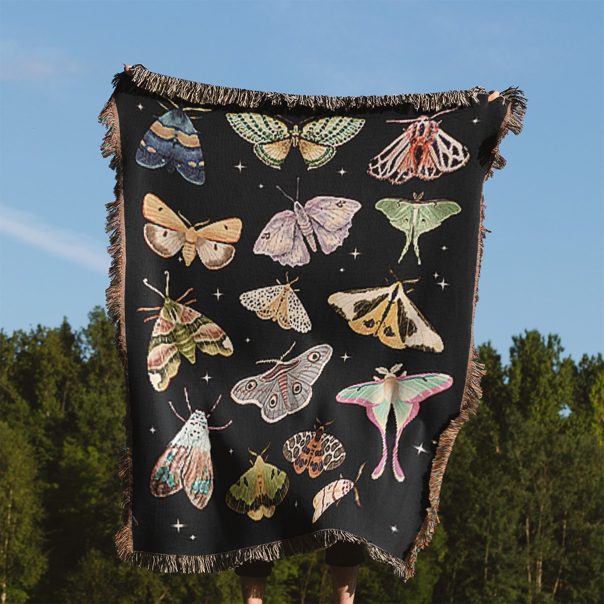 Whimsigoth Moth Tapestry Blanket, Decorative Witchy Woven Throw Blanket, 100% Cotton Dark Cottagecore Bedroom Decor, Botanical Couch Throw