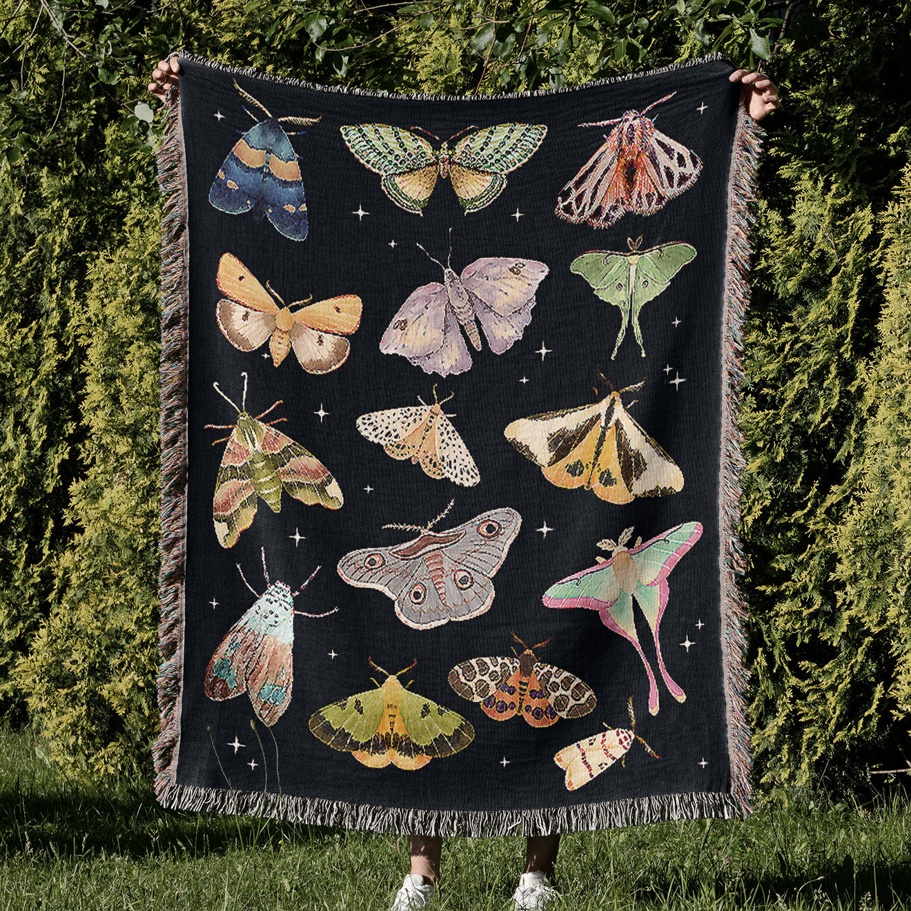 Whimsigoth Moth Tapestry Blanket, Decorative Witchy Woven Throw Blanket, 100% Cotton Dark Cottagecore Bedroom Decor, Botanical Couch Throw