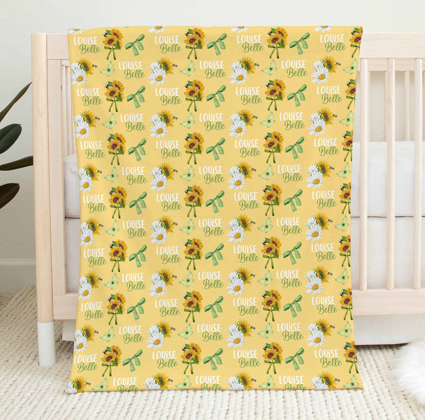 Sunflower Swaddle With Name, Soft & Stretchy Coquette Baby Blanket Girl, Yellow Sunny Nursery Bedding Set, Monogrammed Baby Gift Set