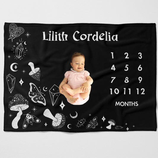 Whimsigoth Milestone Blanket, Celestial Mushroom Baby Month Blanket, Personalized Goth Baby Shower Gift, Halloween Baby Blanket,