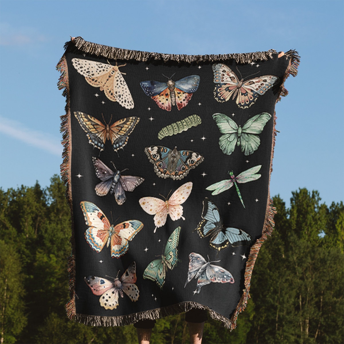 Butterfly Woven Throw Blanket, Dark Cottagecore Whimsical Decorative Tapestry Blanket, 100% Cotton Whimsigoth Butterfly Bedroom Decor