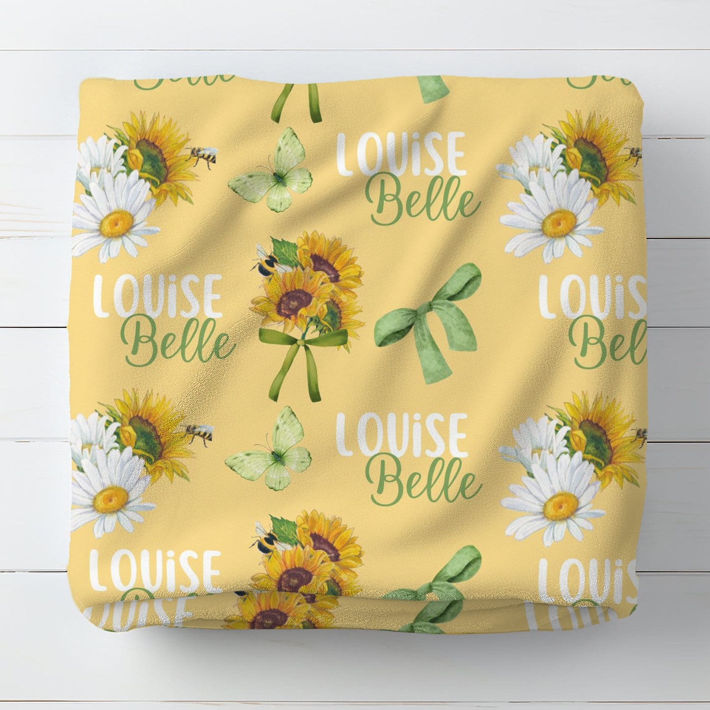 Sunflower Swaddle With Name, Soft & Stretchy Coquette Baby Blanket Girl, Yellow Sunny Nursery Bedding Set, Monogrammed Baby Gift Set