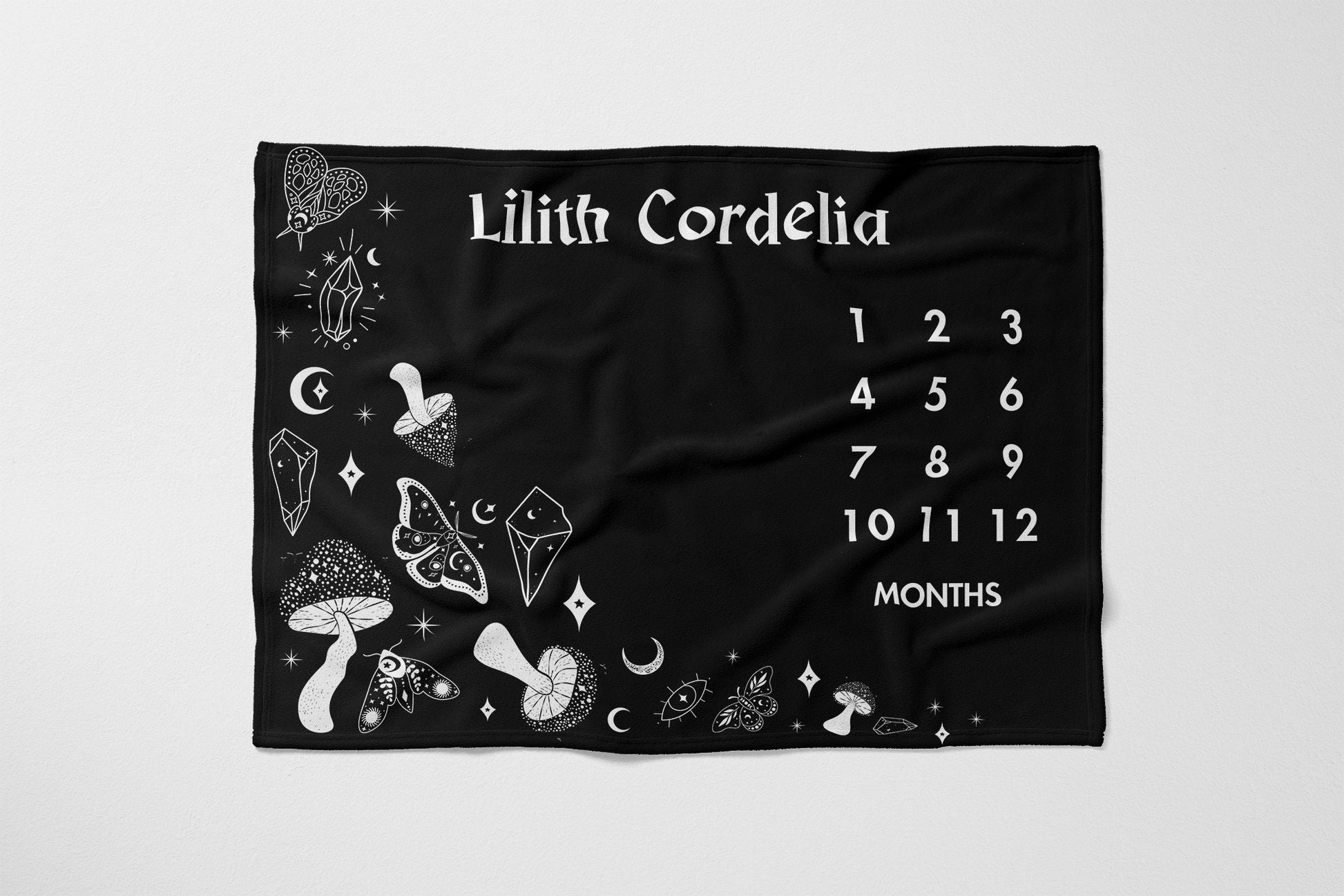 Whimsigoth Milestone Blanket, Celestial Mushroom Baby Month Blanket, Personalized Goth Baby Shower Gift, Halloween Baby Blanket,