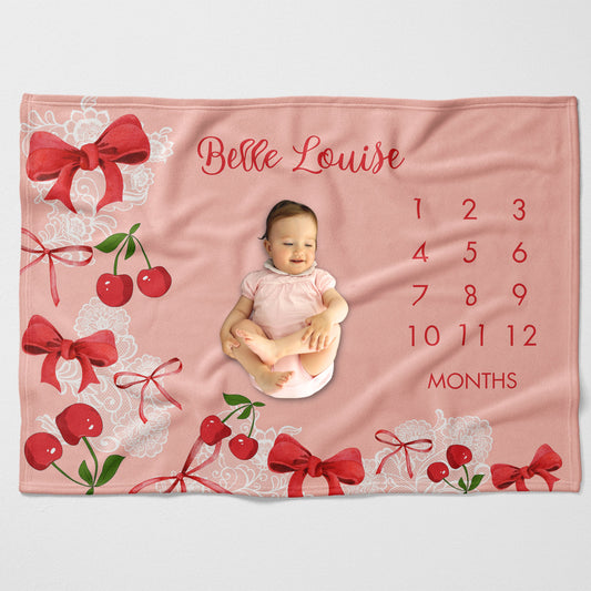 Coquette Cherry Milestone Blanket, Pink Cottagecore Baby Month Blanket, Personalized Unique Baby Shower Gift, Pretty Bows Baby Blanket