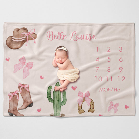 Cowgirl Milestone Blanket Girl, Western Coquette Baby Month Blanket, Personalized Baby Shower Gift, Southwest Rodeo Themed Baby Gift